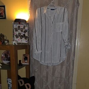 Apt. 9 Lightweight Roll-Tab Sleeve White W/Gray Pinstripe Blouse